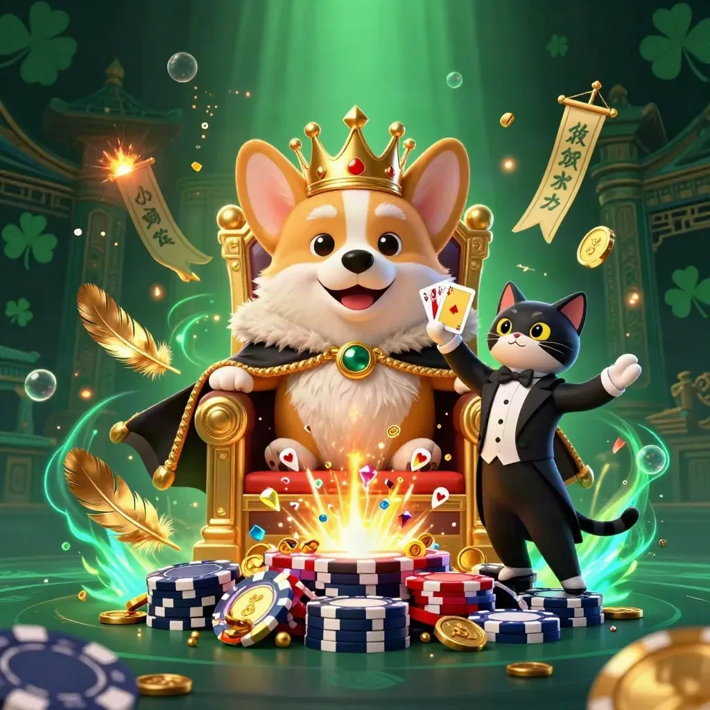 Royal corgi king and cat butler on a chip throne amid treasure, temple gate, and glowing casino magic.