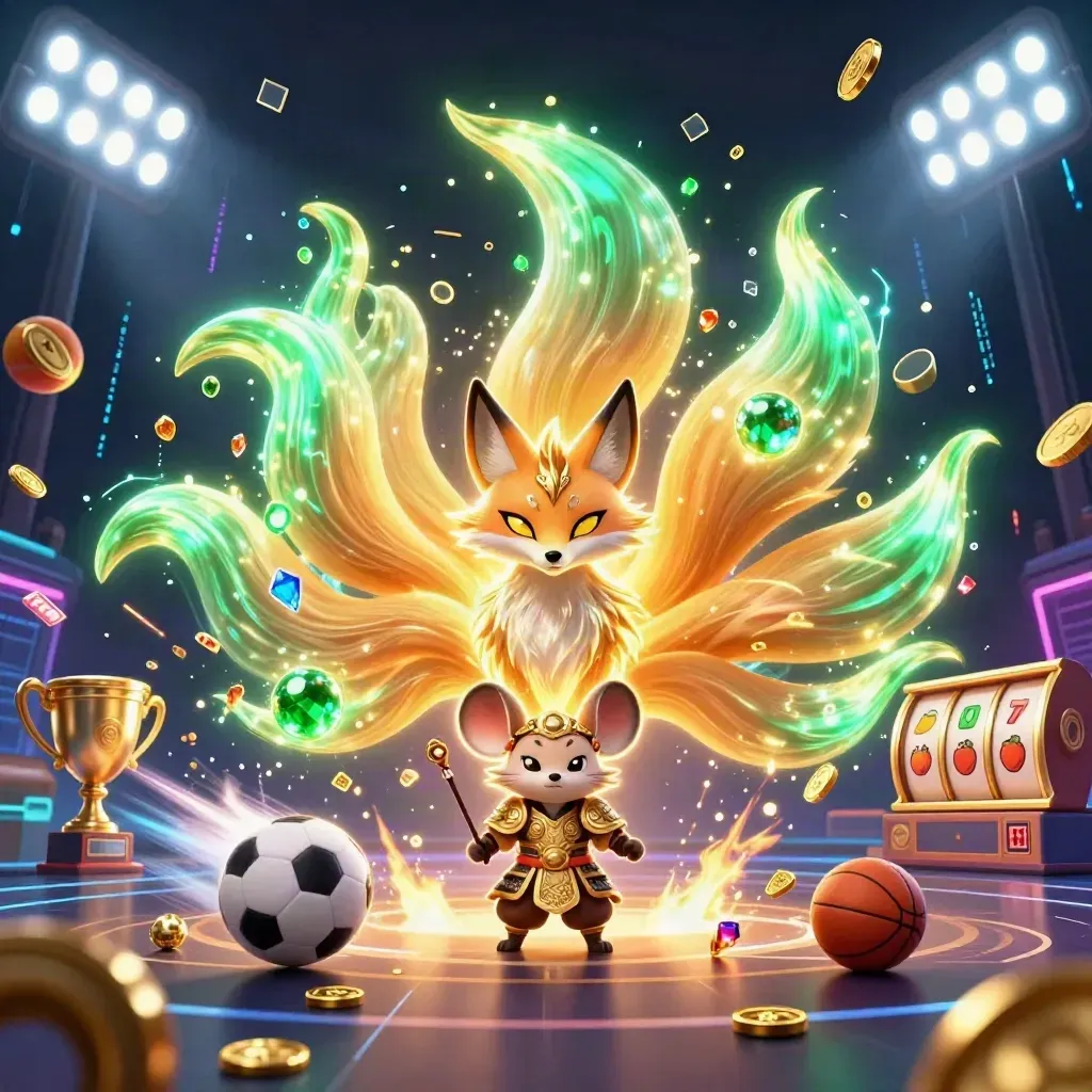 Nine-tailed fox spirit and samurai mouse amid treasure, sports balls, coins, and neon casino effects.