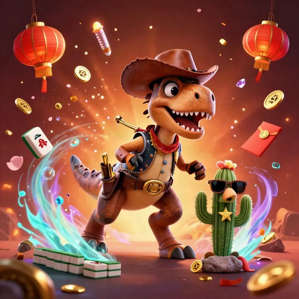 Cowboy T-Rex, cactus sidekick, and sheriff roadrunner burst through gold treasure and casino glow.