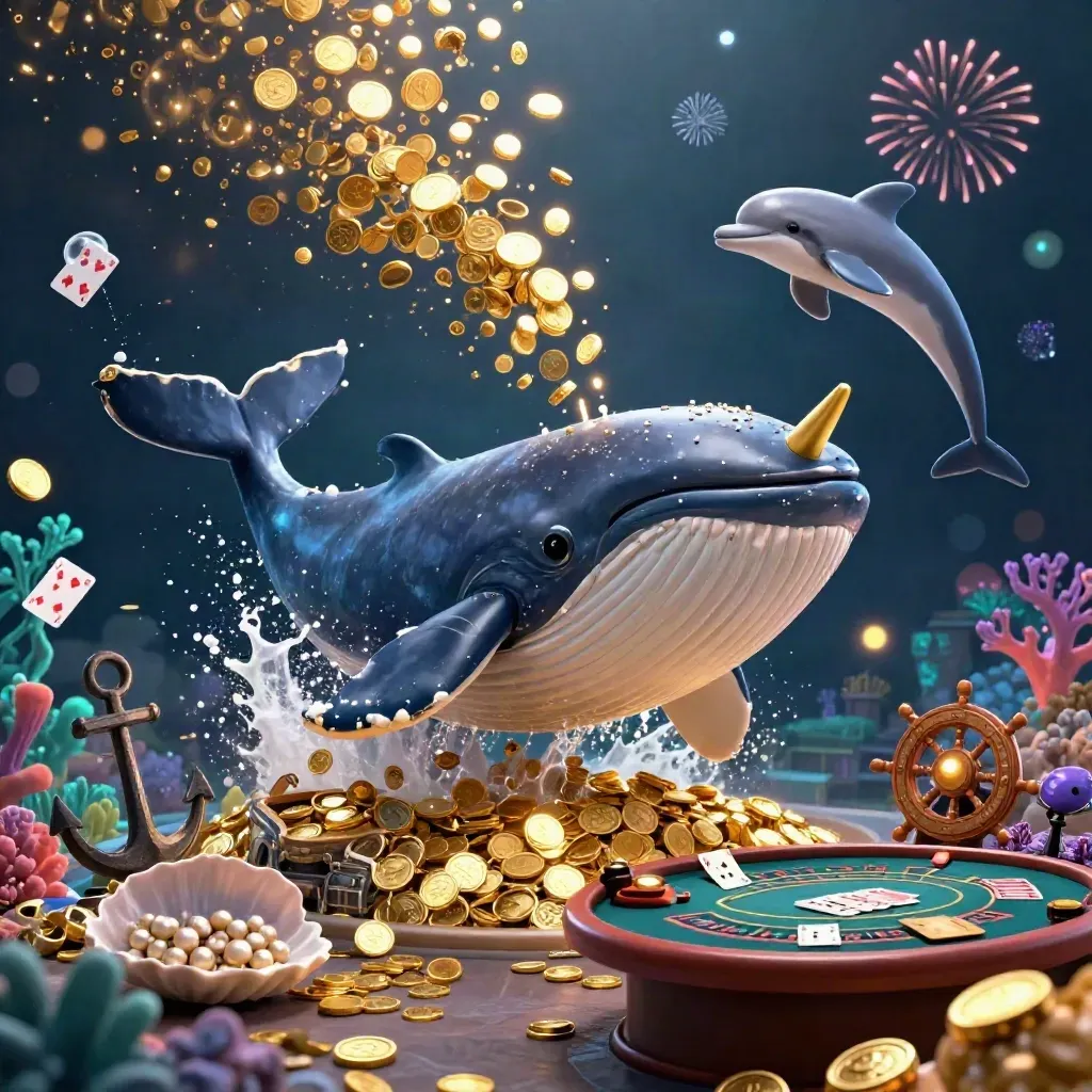 Whale captain, narwhal, and dolphins in a gold coin treasure burst with casino props
