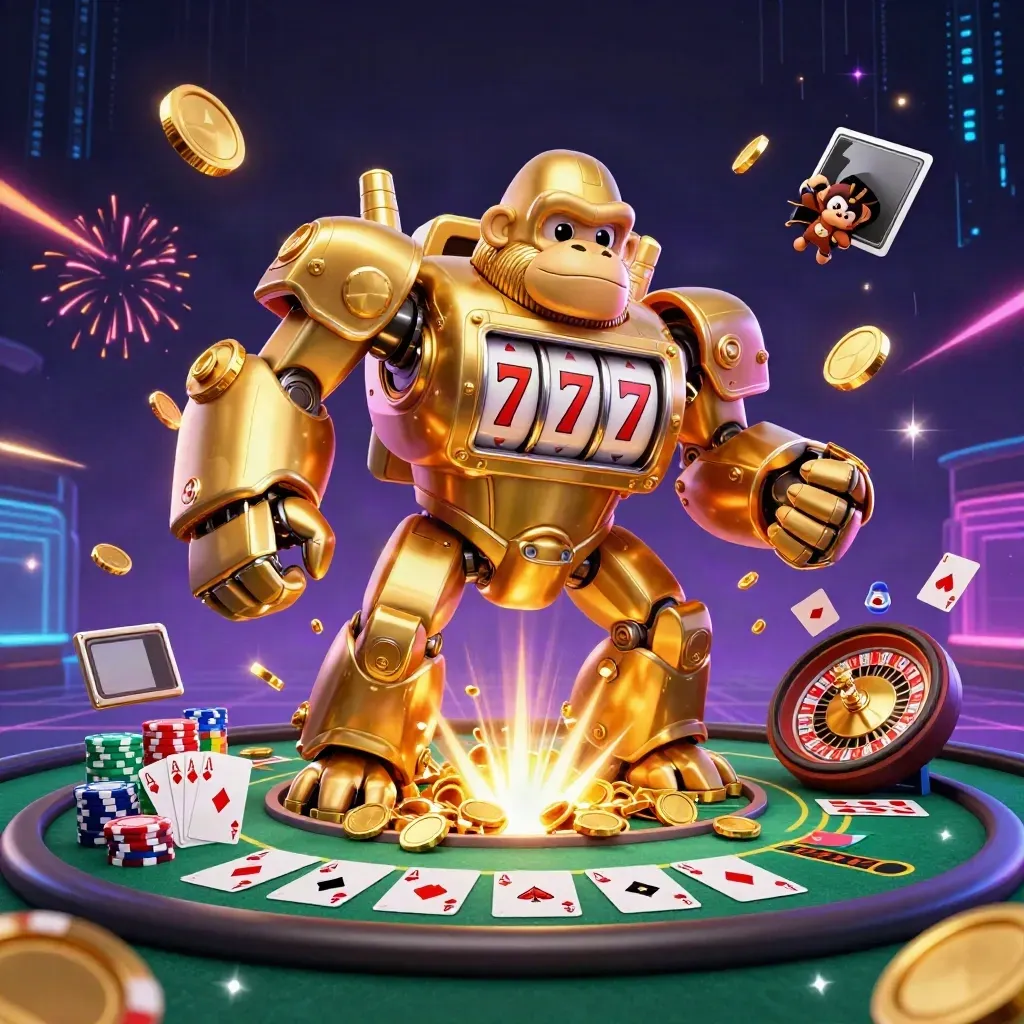 Golden gorilla mech with monkey pilot, treasure burst, chips, cards and neon casino effects