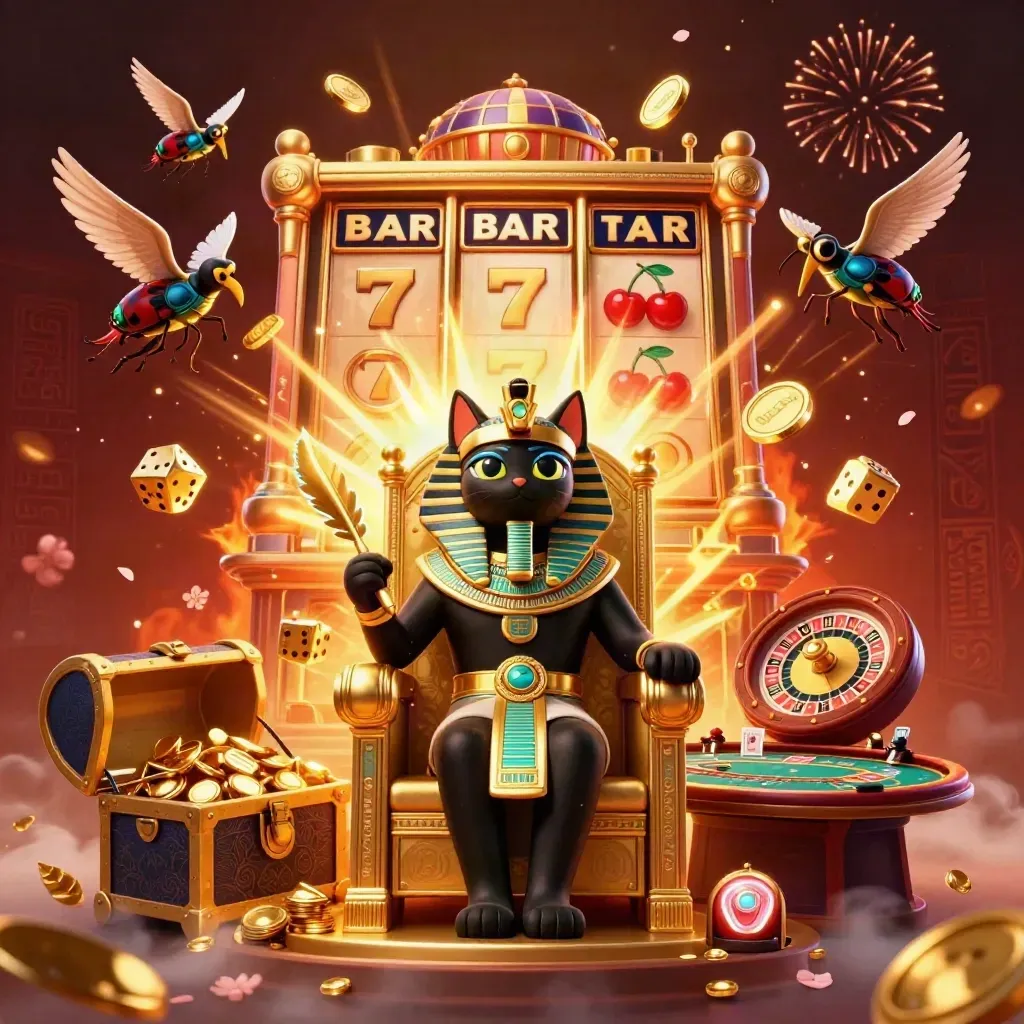 Pharaoh cat on throne amid treasure burst, slot machine, cards, dice, and glowing casino symbols