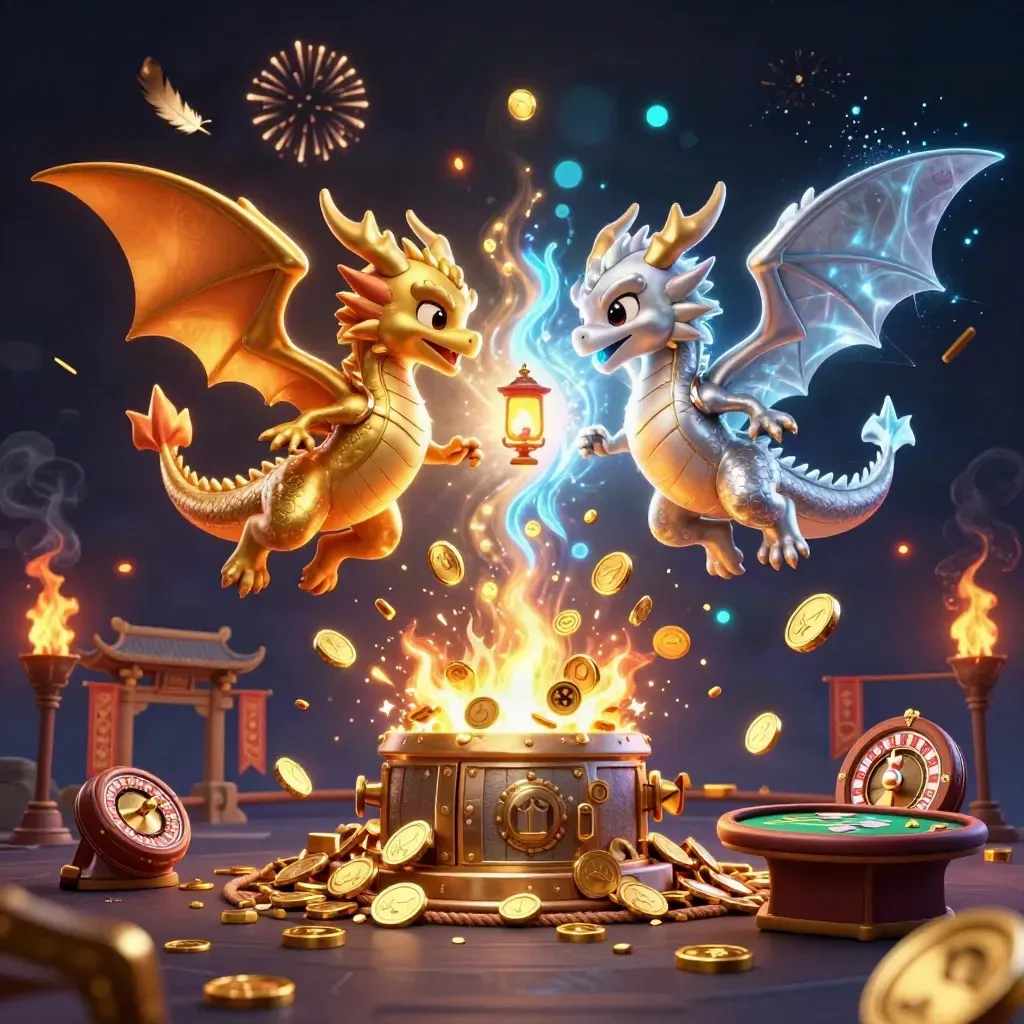 Gold and silver dragons swirl over treasure, coins, fireworks, and casino props in a dark neon glow.