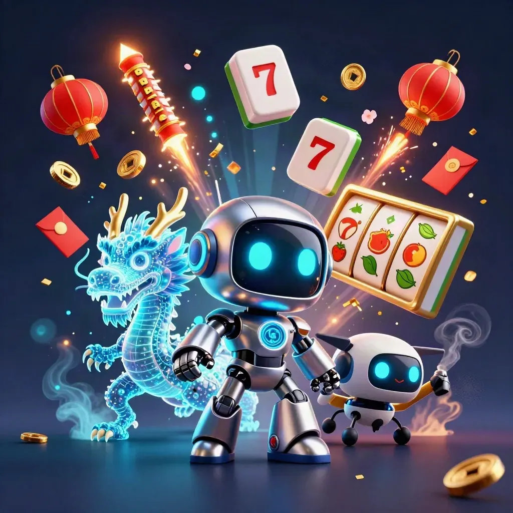 Cyberpunk robot, holographic dragon and coin drone amid casino treasure effects.