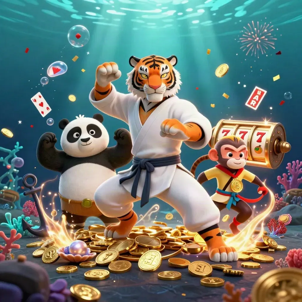 Kung-fu tiger, panda, and monkey amid underwater treasure, coins, reels, and glowing casino effects