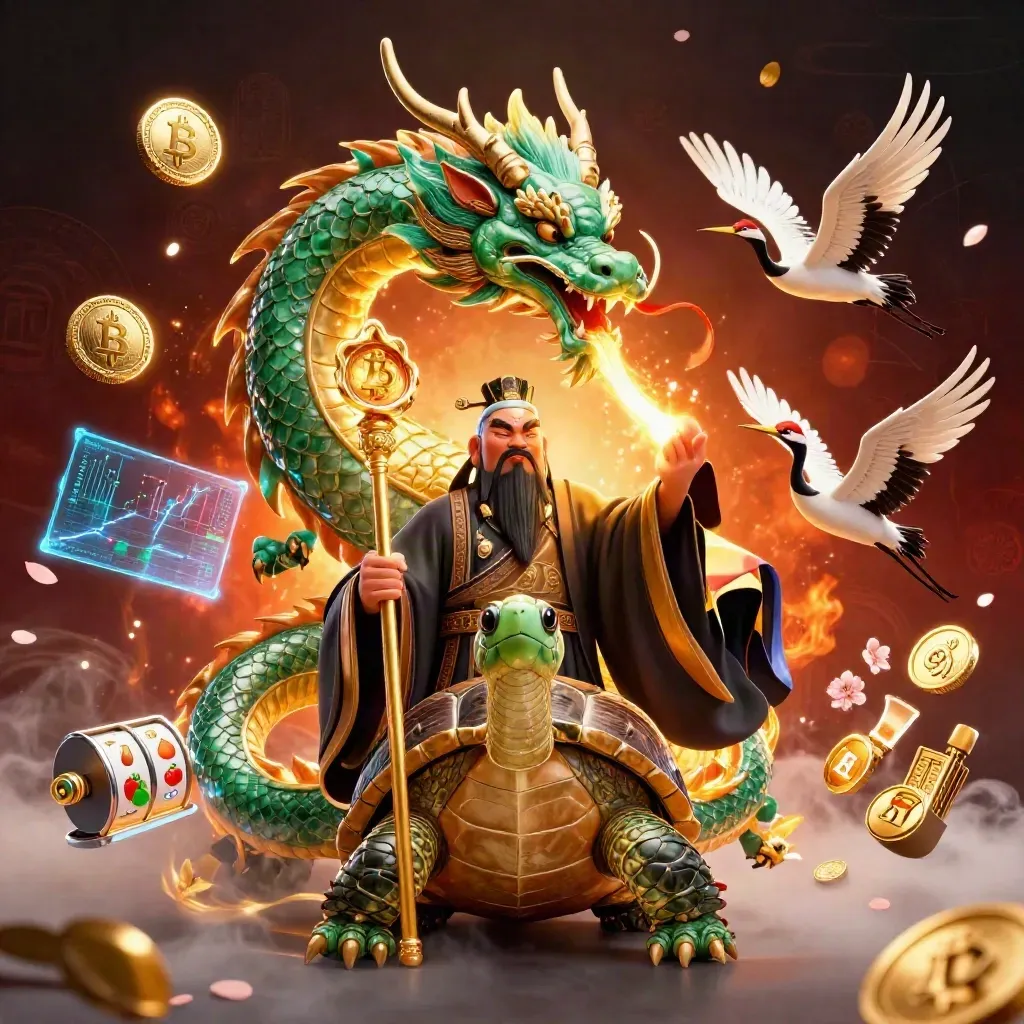 Emerald dragon, turtle sage, and cranes amid casino magic, coins, fire, runes, and glowing effects.