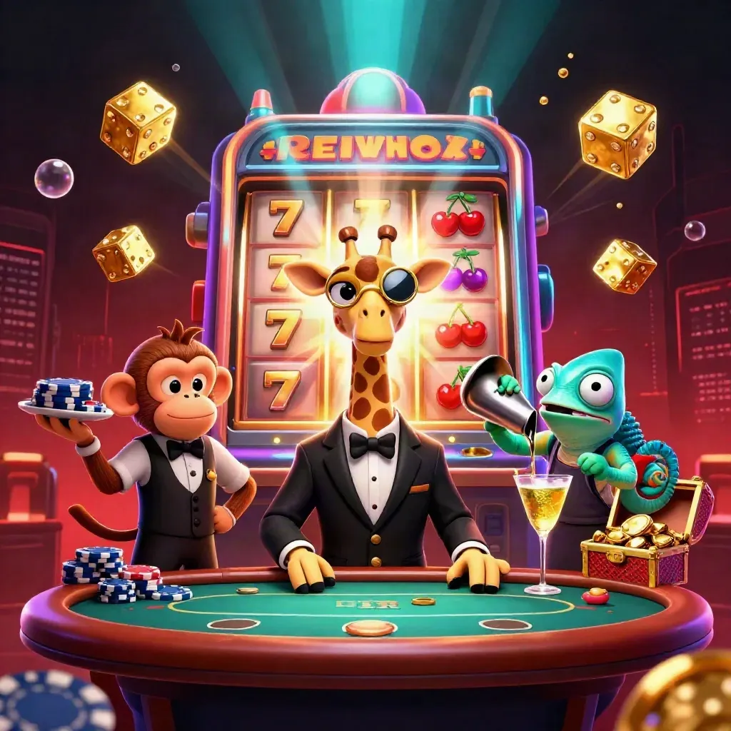 Giraffe, monkey, and chameleon at a glowing slot machine with gold, dice, and treasure.