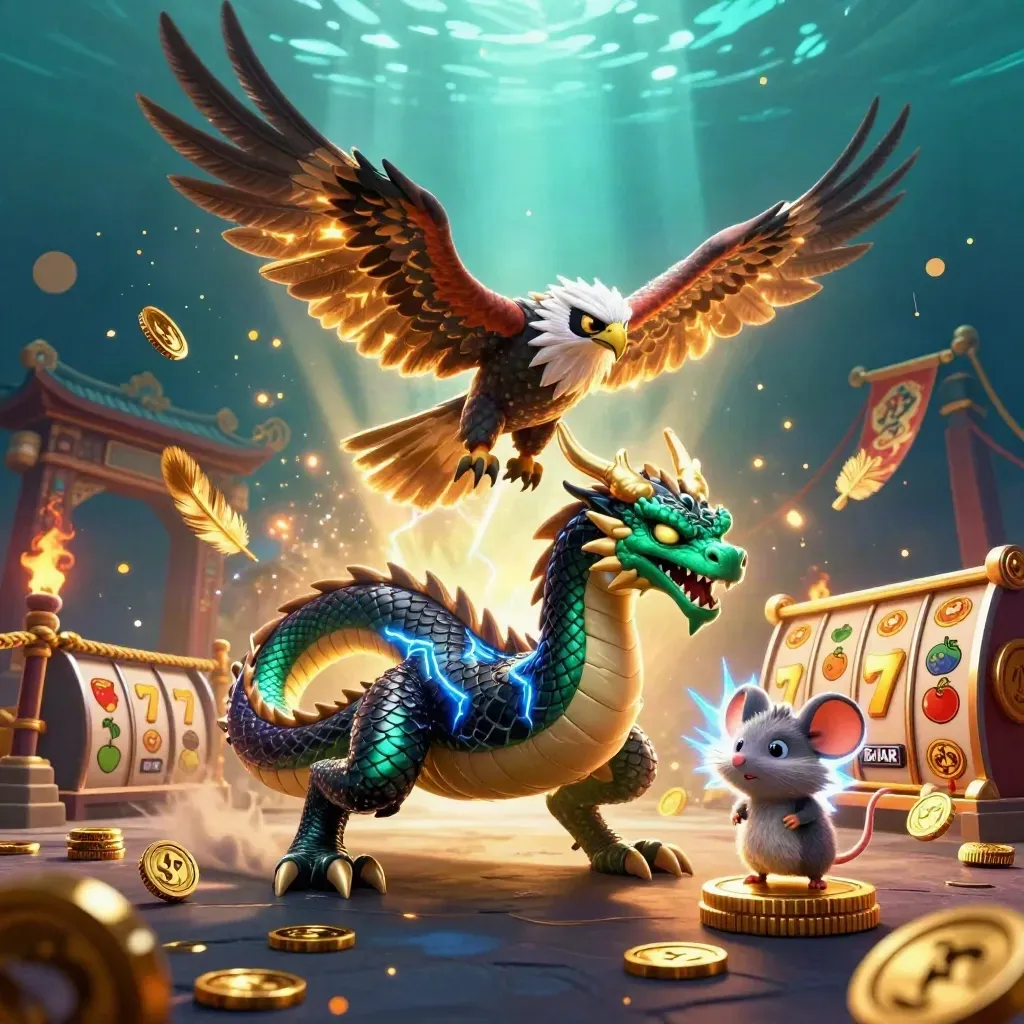 Thunder dragon, glowing hawk, and static mouse amid casino treasures and lightning.