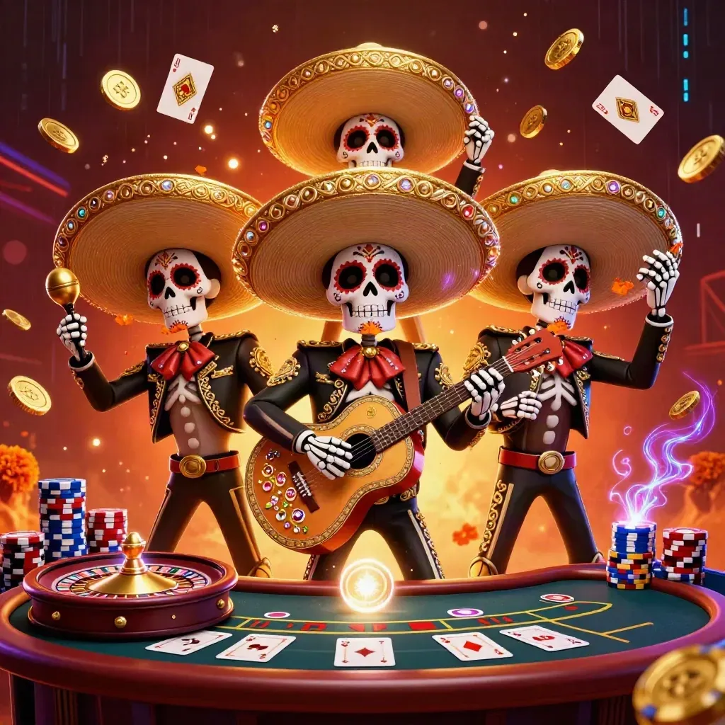 Skeleton mariachi trio with gold coins, chips, cards and roulette sparks in a luxe casino glow.