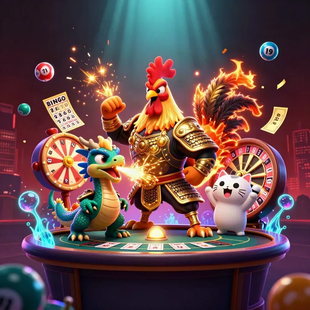 Golden rooster warrior, spark-breathing hatchling and fortune cat amid casino treasures
