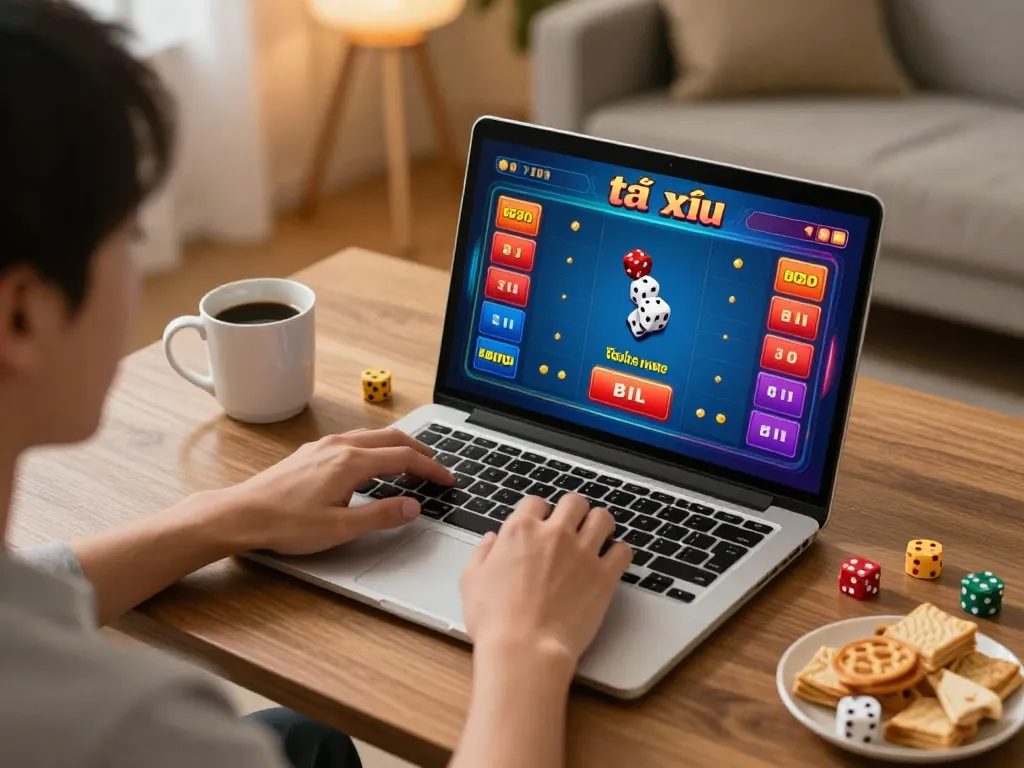 Engaging in tài xỉu online betting strategy through a vibrant laptop setup with colorful game interface.