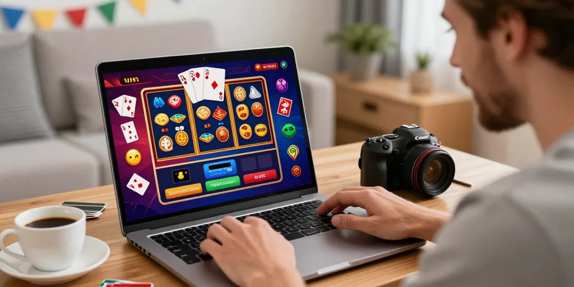 Player enjoying credit card casinos at home with laptop and game graphics.