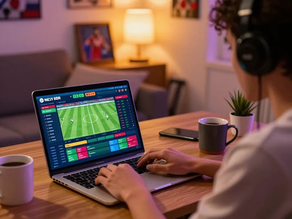 Engaged in trang cá cược bóng đá with lively online betting interface at home, reflecting strategic gameplay.