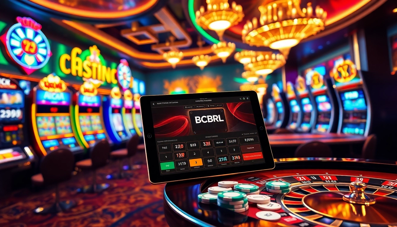 Experimenta la emoción de BCBRL con una escena de casino vibrante que presenta máquinas tragamonedas emocionantes y mesas de juego.