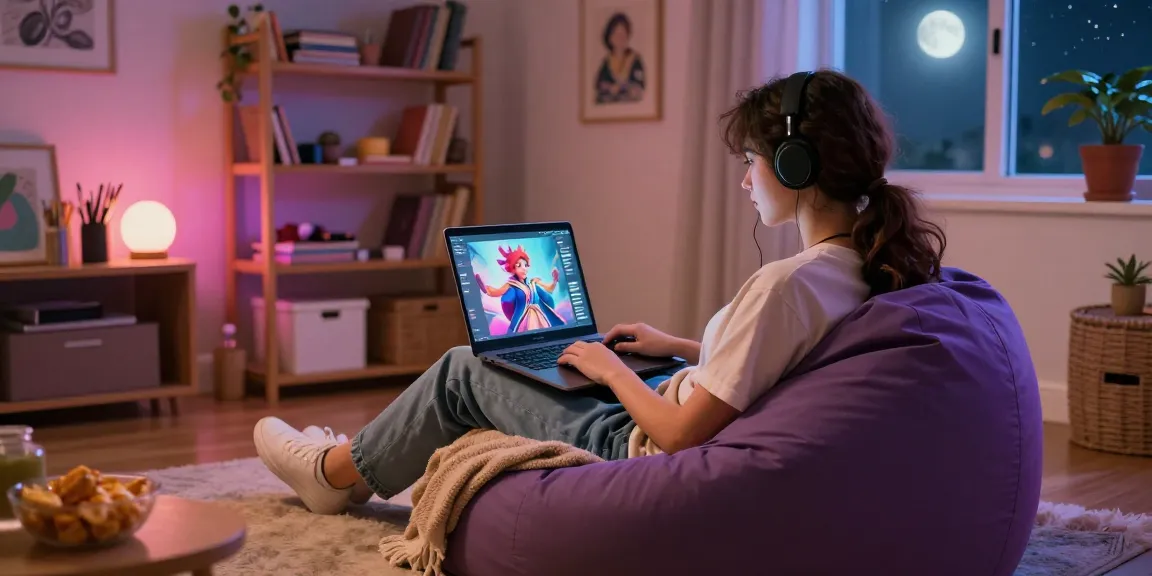 Cozy virtual room for nsfw ai roleplay with user creating custom characters and ambient lighting.