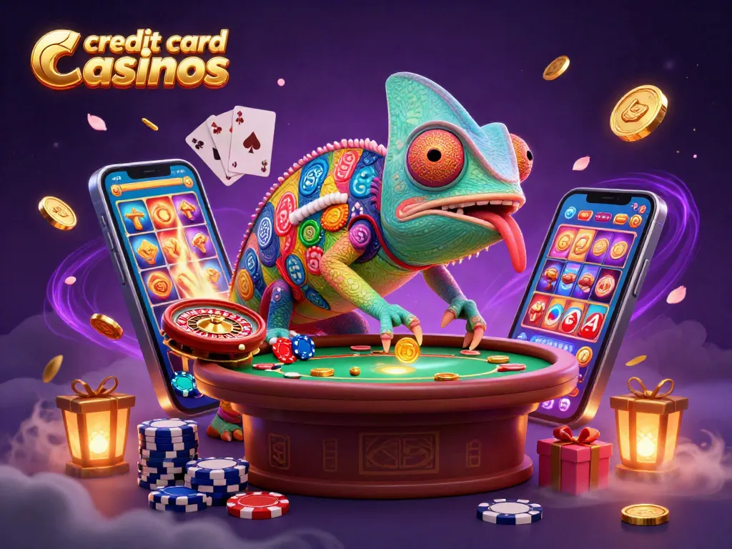 Engage in exciting gaming at credit card casinos with a colorful 3D illustration of a chameleon owner.
