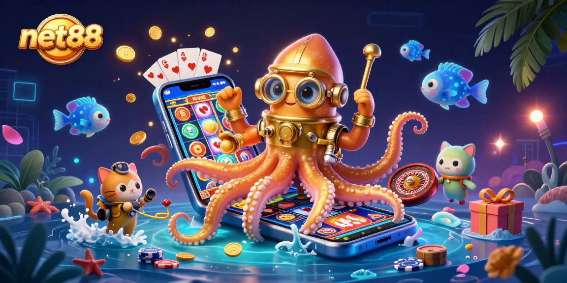 Unleash the excitement of net88 with a stunning kraken scene amidst vibrant casino elements.