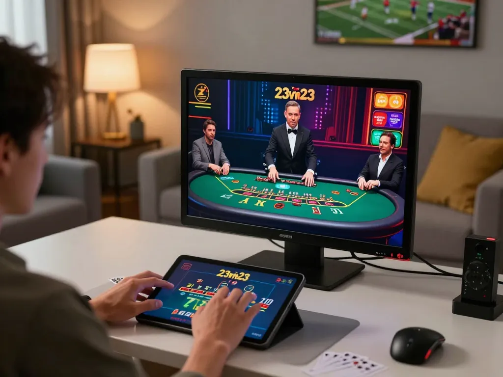Player engaging in online blackjack on 23vn23 platform with tablet in cozy home setup.
