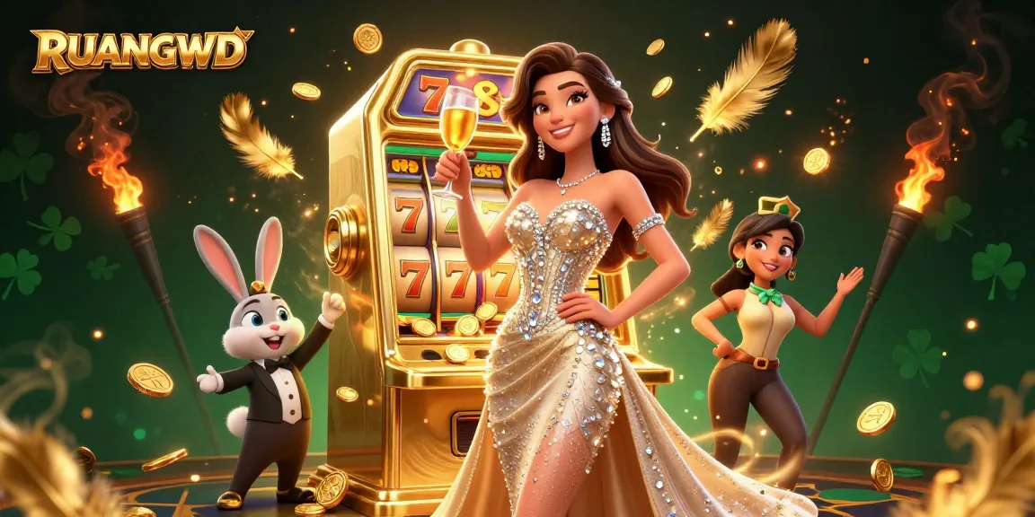 Experience high-spirited gaming with RUANGWD's jackpot scene, showcasing excitement around slot machines.
