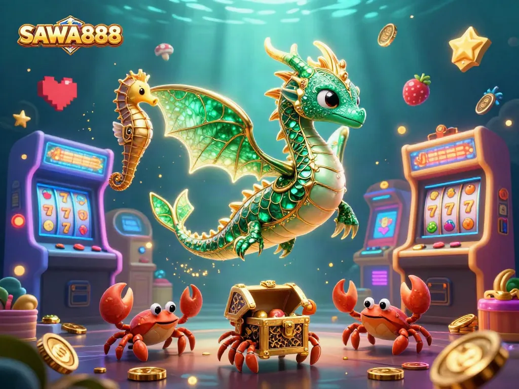 Experience thrilling gameplay with SAWA888, featuring a lavish sea dragon amidst casino elements.