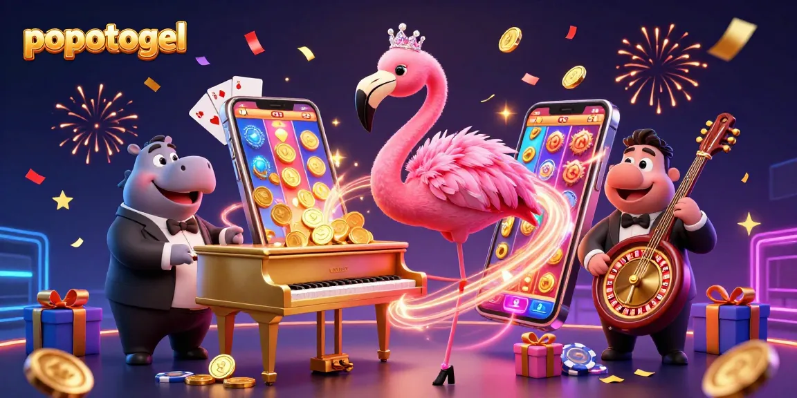 Engage in popotogel's electrifying slot games with a vibrant casino scene featuring a flamingo and hippo.
