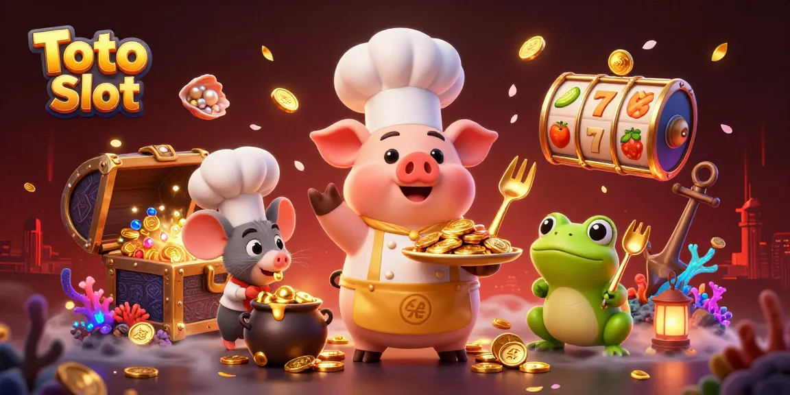Permainan Toto Slot dengan koki babi 3D menyajikan koin emas, tikus dan katak mengamati.