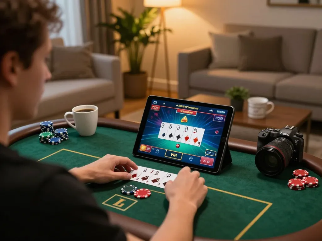 Person playing poker on tablet while engaged in the af88 online casino from home, cozy setting