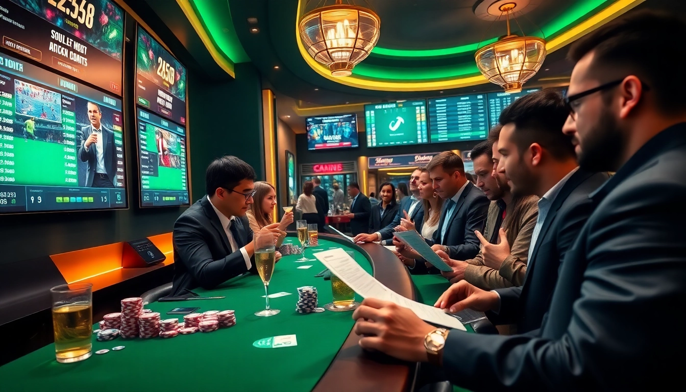 Engaging gamblers strategizing เทคนิคแทงบอล with betting slips and vibrant casino atmosphere.