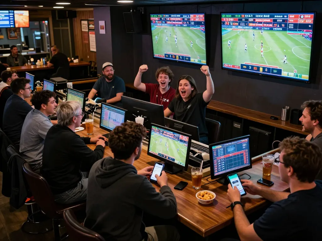 View of sports fans engaging in soi keo nha cai while watching games in a buzzing sports bar.