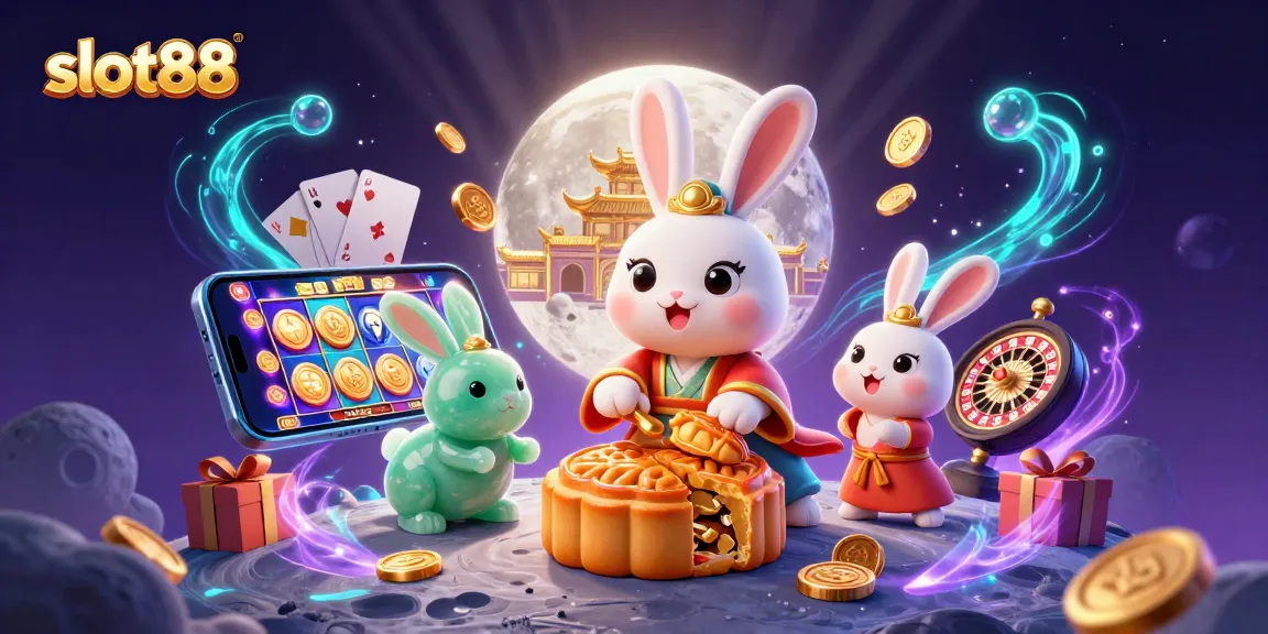 Menangkan slot88 dengan ilustrasi 3D penuh detail yang menampilkan kelinci bulan dan elemen perjudian.