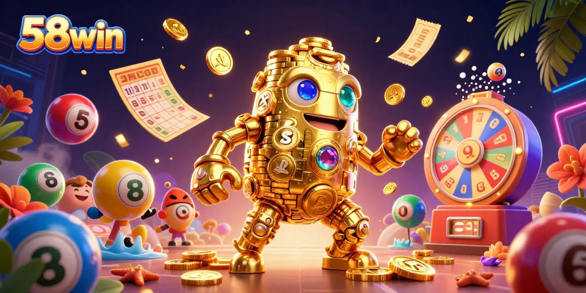 Experience the excitement of 58win with dynamic lottery elements and a golden golem character.