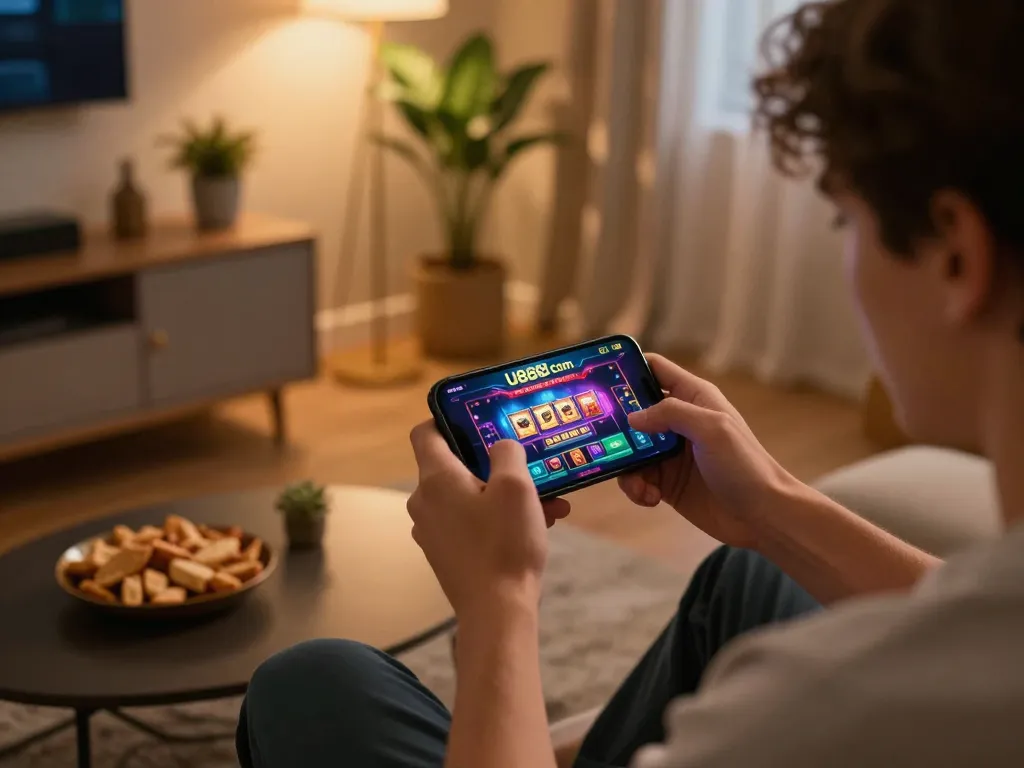Engaging with mobile gambling on U888 com smartphone app in a cozy living room.