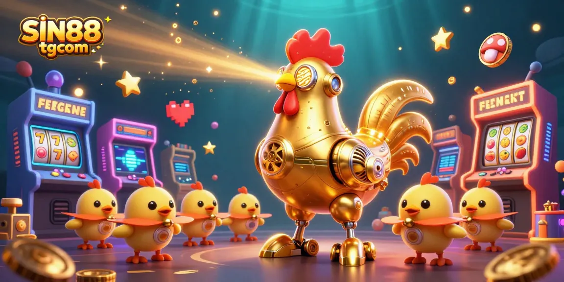 SIN88tgcom showcases vibrant casino elements with a mesmerizing golden rooster robot and dynamic gameplay scenes.