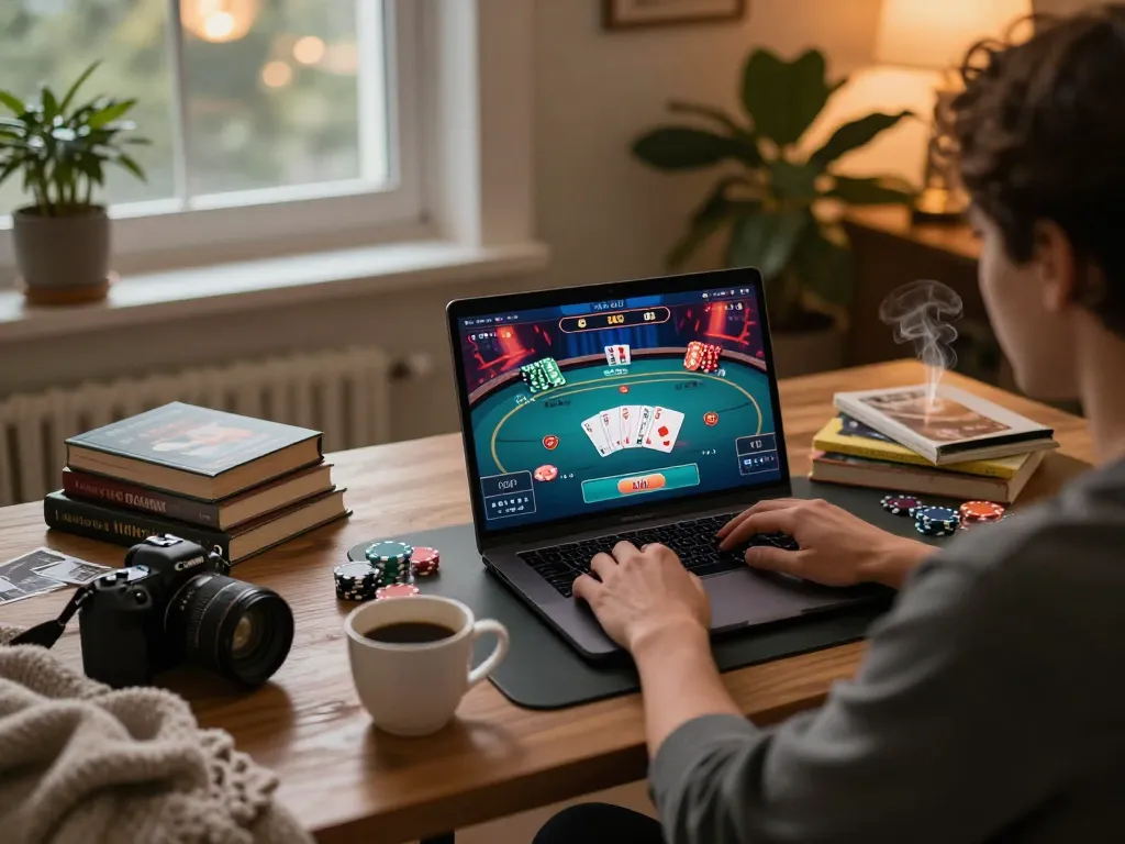 Kèo nhà cái hôm nay showcased on a vibrant laptop screen as user engages in online poker gameplay, highlighting strategic betting.