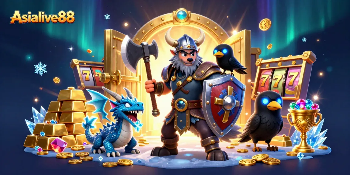 Engage with Asialive88's vibrant slots, featuring Viking warrior and fierce dragon amid treasure.