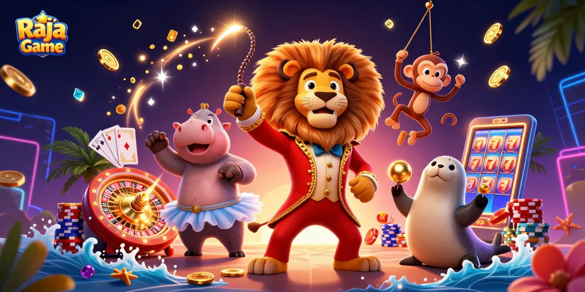 Experience thrilling gameplay with Raja Game featuring 3D circus characters and vibrant casino elements.
