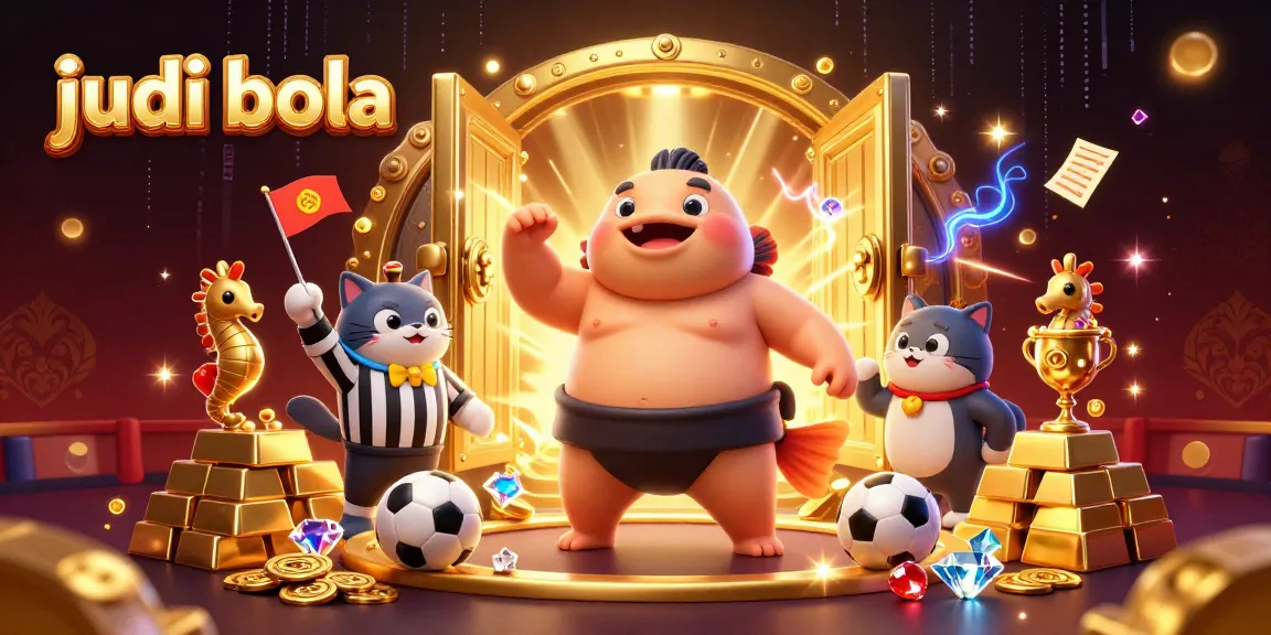 Engage in judi bola with a lively 3D illustration featuring a fugu in a wrestling belt amid gold treasures.