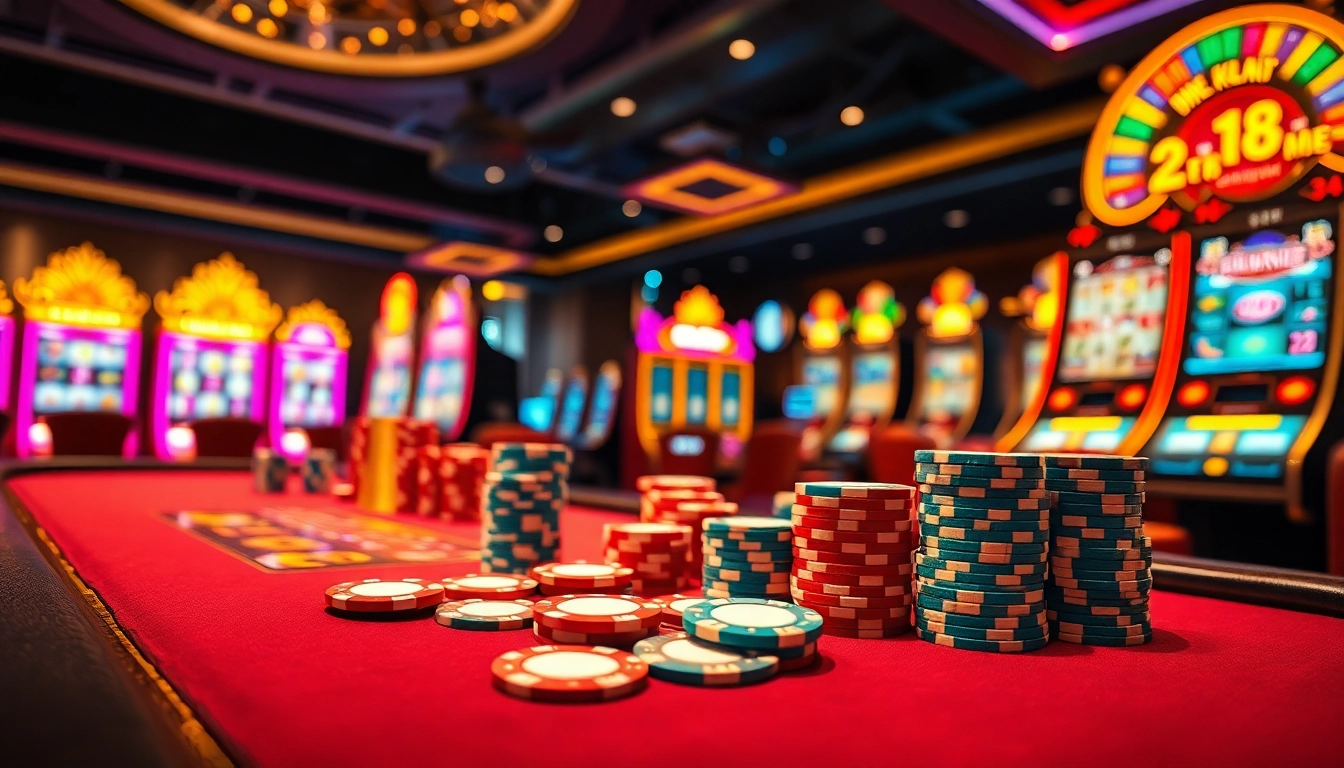 Engaging scene of m88 gaming with vibrant poker chips and casino tables.