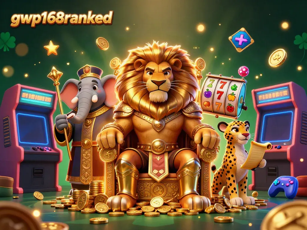 Gambarkan aksi menarik dari gwp168ranked dengan singa raja, gajah penasihat, dan cheetah kurir, dikelilingi mesin permainan dan simbol keberuntungan.