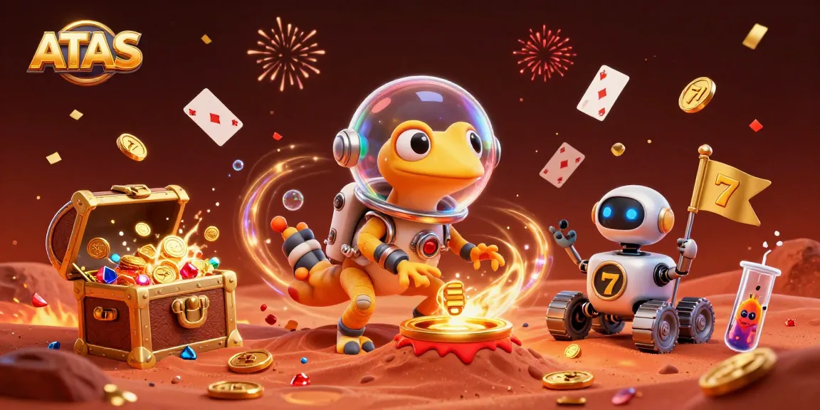 ATAS Casino illustration showcasing a Martian gecko discovering a vibrant casino scene filled with treasures.