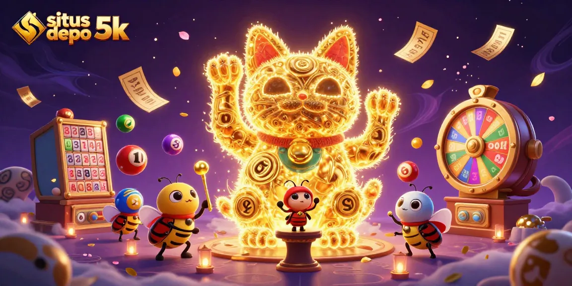 Play on situs depo 5k featuring a giant lucky cat symbolizing good fortune in slots.