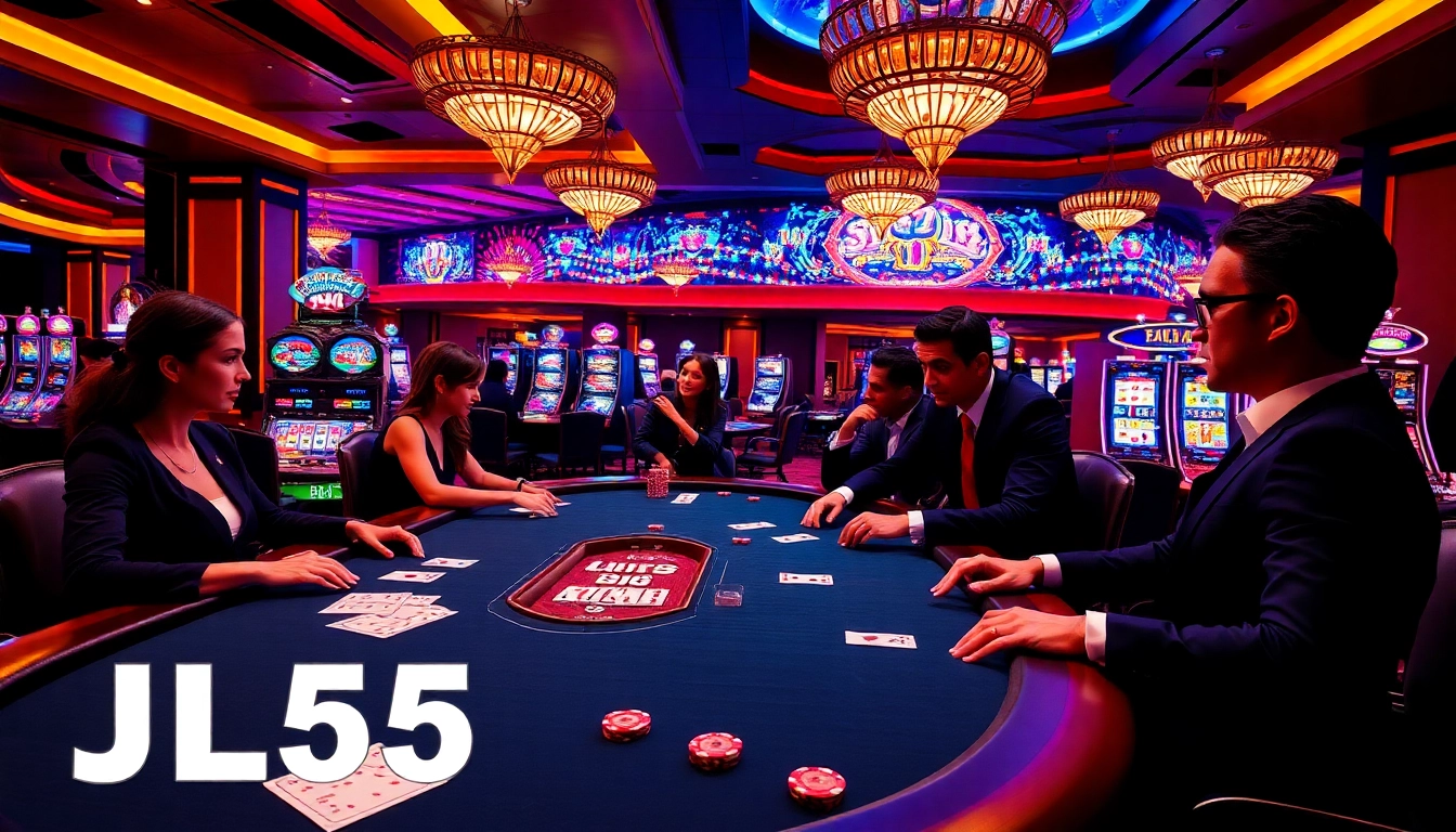 Players strategizing at a high-stakes poker table in a vibrant JL55 casino atmosphere.