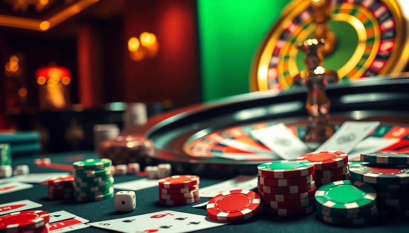 Crown88 casino table featuring vibrant cards, chips, and a roulette wheel in an elegant setting.