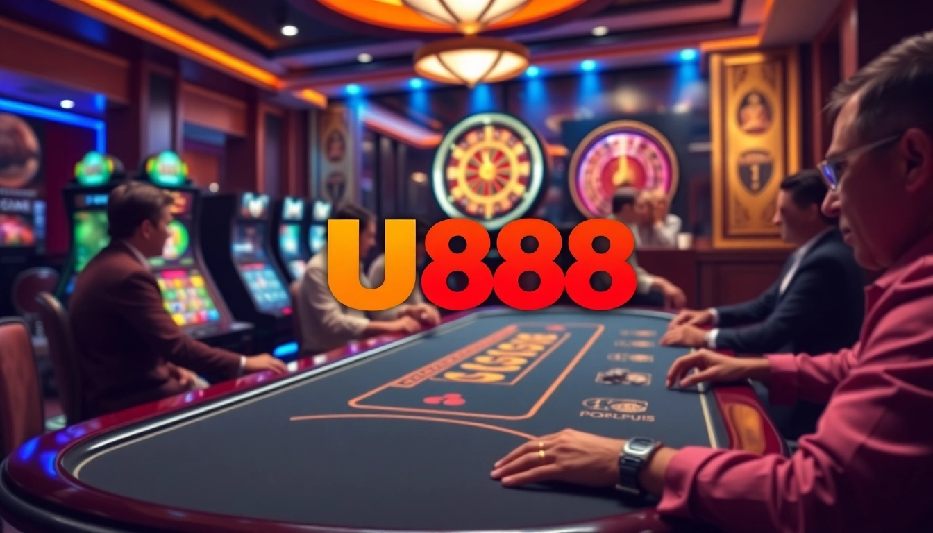U888 players enjoying a thrilling casino experience at a luxurious poker table.
