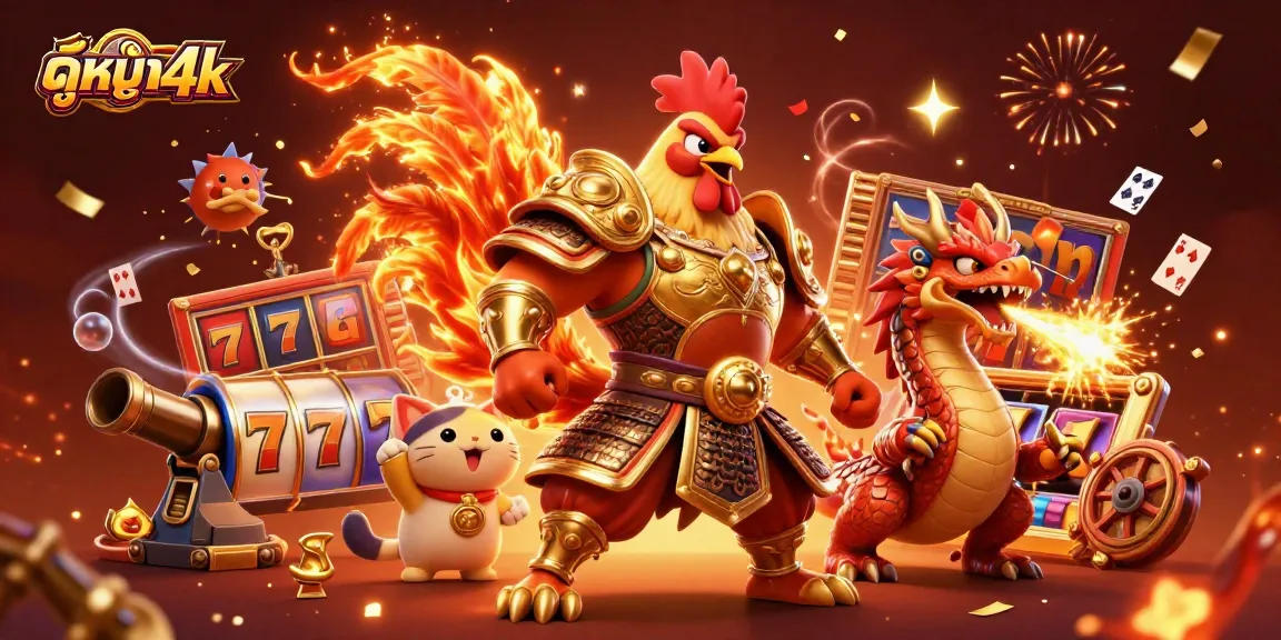 Engage with the thrilling world of ดูหนัง4k featuring a rooster warrior and dragon hatchling amidst joyful casino elements.