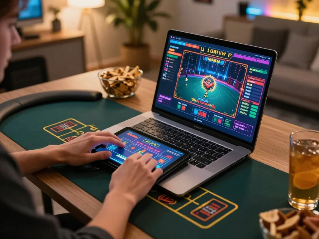 gbong player enjoying live dealer games at a stylish home office setup in evening light