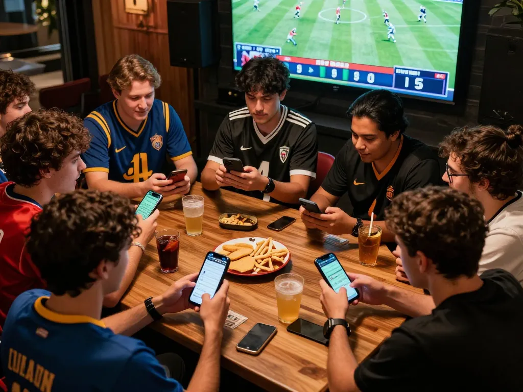 Friends placing bets in a lively sports betting scene, featuring keonhacai app on smartphones.