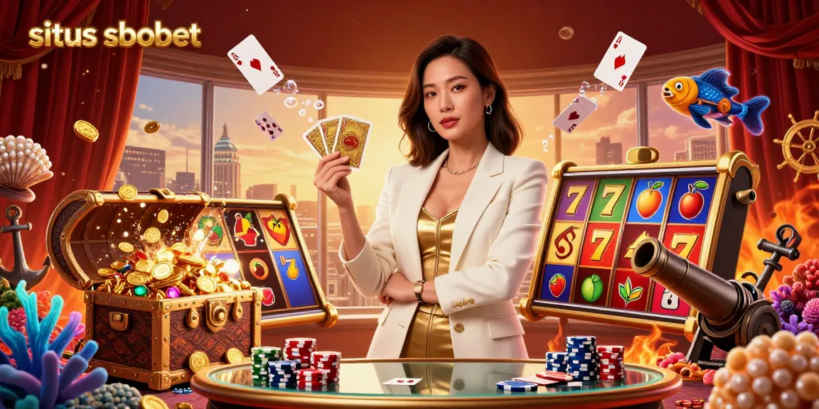Situs sbobet showcases an elegant Asian woman holding cards amidst vibrant gaming elements, symbolizing excitement in gambling.