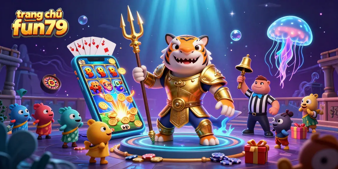 Experience epic gambling at trang chủ fun79 with a tiger shark gladiator in a vibrant underwater casino scene.