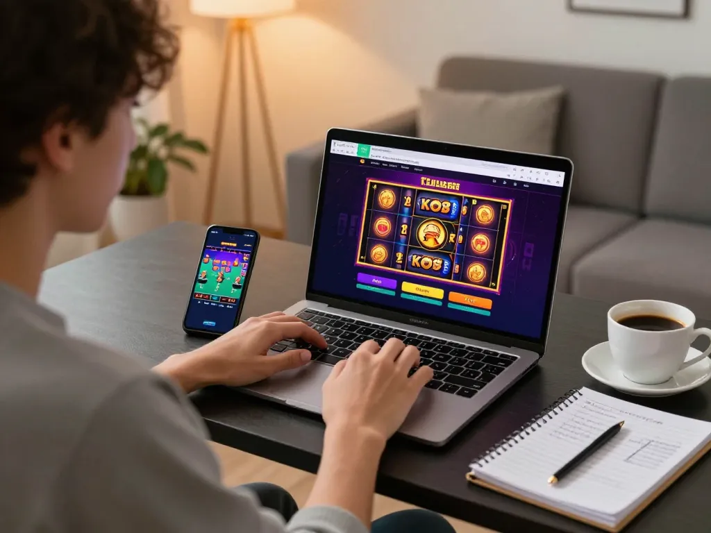 Engaging player using kubet online casino interface on laptop, showcasing gameplay and strategy in cozy setting.